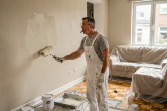 Artisan peintre professionnel appliquant de la peinture blanche sur un mur intérieur avec un rouleau, pièce en rénovation avec protections plastique et ruban de masquage