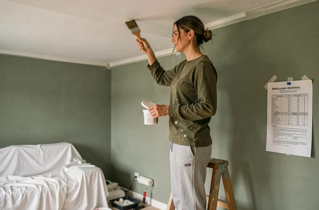 Femme faisant elle-même la peinture de sa chambre en vert sauge, debout sur un escabeau avec un pinceau, devis artisan affiché au mur en arrière-plan