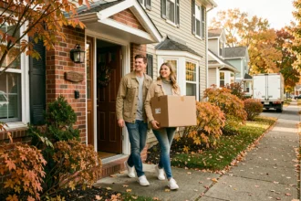 Couple portant des cartons de déménagement devant une maison en automne, période idéale pour déménager sereinement