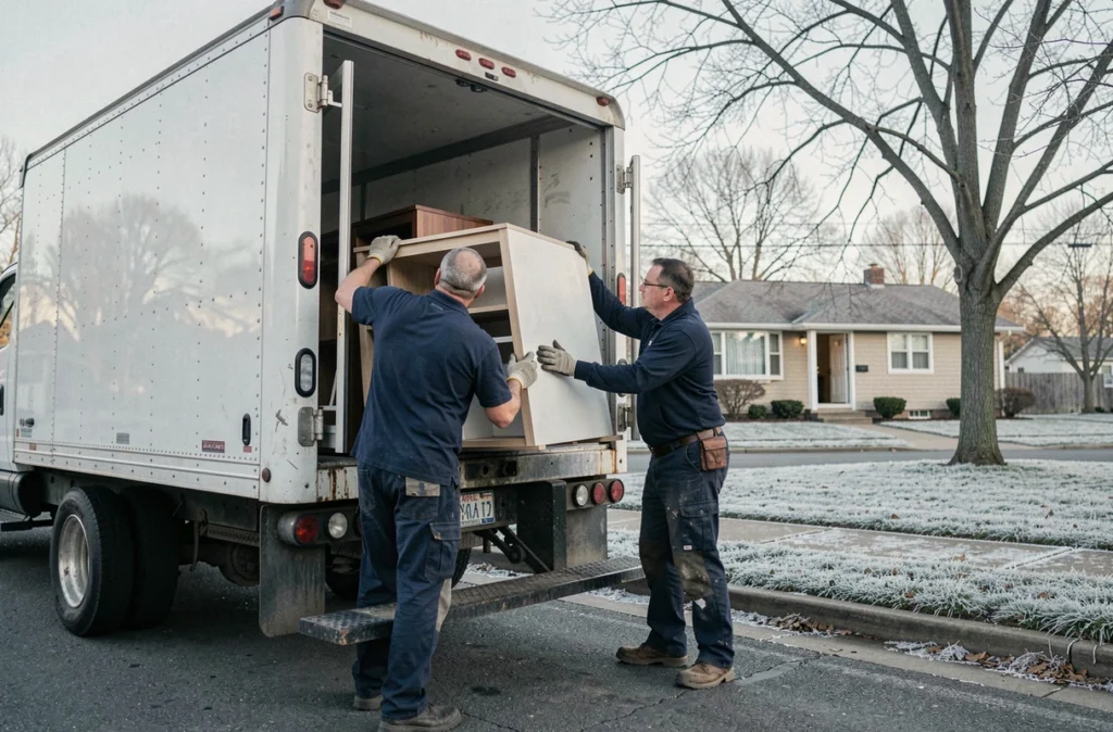 Déménageurs professionnels chargeant un camion en hiver, conseils pour choisir la bonne saison pour déménager