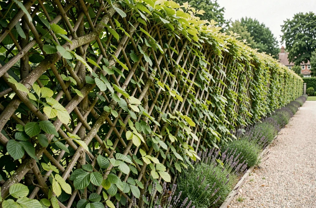 Haie de hêtres tressés formant une clôture végétale dense et privative le long d'une allée de jardin