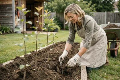 Femme plantant des jeunes charmilles pour installer une clôture végétale dans un jardin de banlieue