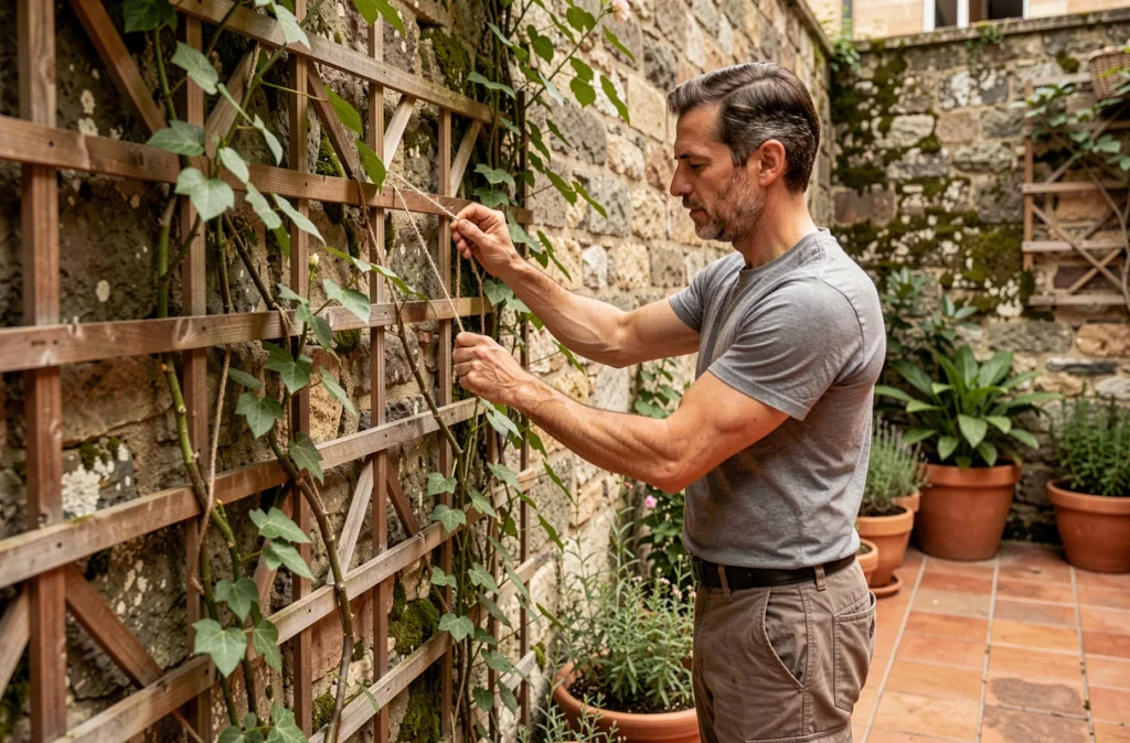 Homme fixant des plantes grimpantes sur un treillis en bois pour créer une clôture végétale dans une cour urbaine